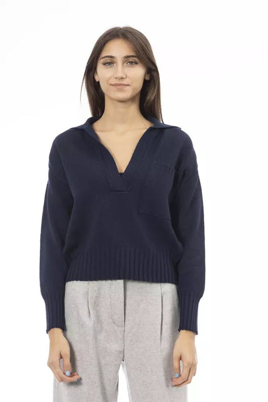 Alpha Studio Chic V-Neck Wool Blend Sweater in Blue