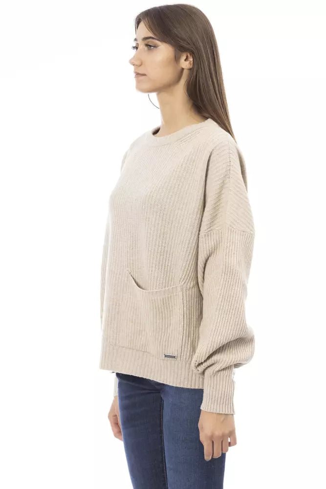 Baldinini Trend Chic Beige Crew Neck Cashmere Blend Sweater