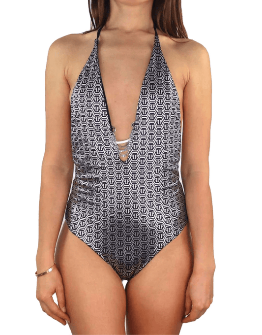 Philipp Plein Glamorous Silver-Logo One-Piece Swimsuit