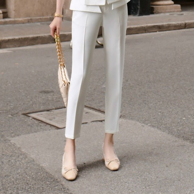 High Quality Casual Women's Suit Pants Two Piece Set . new summer elegant ladies white blazer jacket business attire