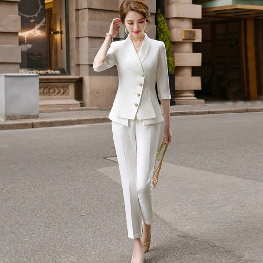 High Quality Casual Women's Suit Pants Two Piece Set . new summer elegant ladies white blazer jacket business attire