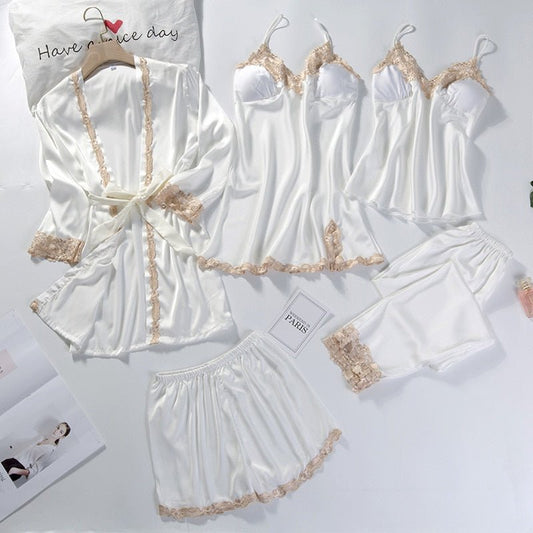 Lace Patchwork 5PCS Sleepwear Nightgown Kimono Bathrobe Gown Satin Lady Nighty&Robe Suit Sexy Home Clothes White Wedding Robe