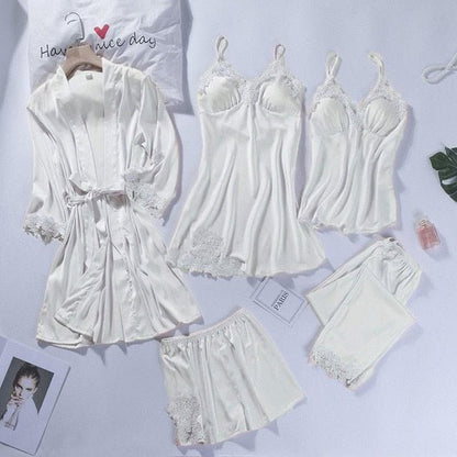 Lace Patchwork 5PCS Sleepwear Nightgown Kimono Bathrobe Gown Satin Lady Nighty&Robe Suit Sexy Home Clothes White Wedding Robe