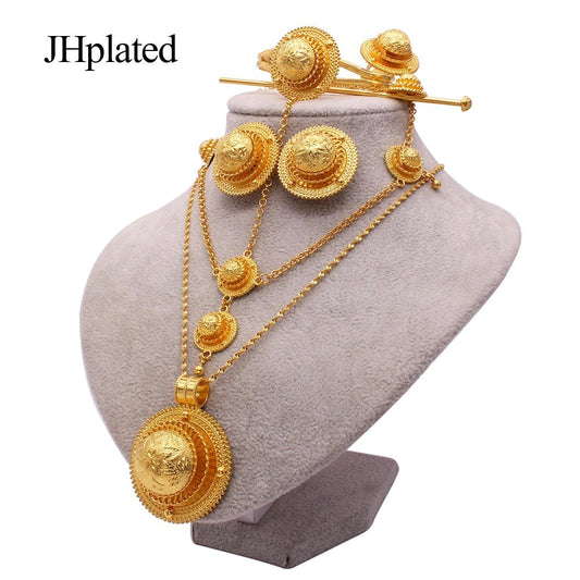 Ethiopian 24K gold plated bridal Jewelry sets Hairpin necklace earrings bracelet ring gifts wedding jewellery set for women