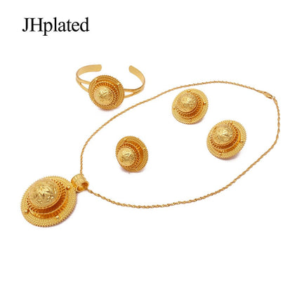 Ethiopian 24K gold plated bridal Jewelry sets Hairpin necklace earrings bracelet ring gifts wedding jewellery set for women