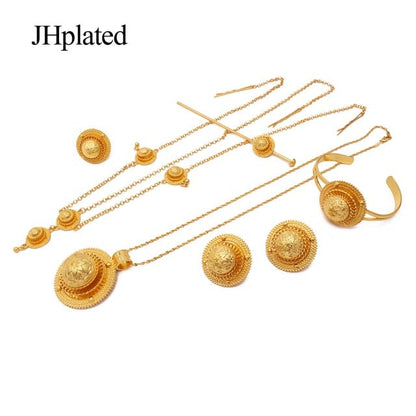 Ethiopian 24K gold plated bridal Jewelry sets Hairpin necklace earrings bracelet ring gifts wedding jewellery set for women