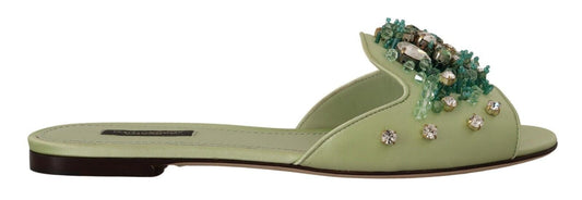 Dolce & Gabbana Elegant Crystal-Embellished Green Leather Slides