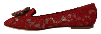 Dolce & Gabbana Red Lace Crystal Ballet Flats Loafers Shoes