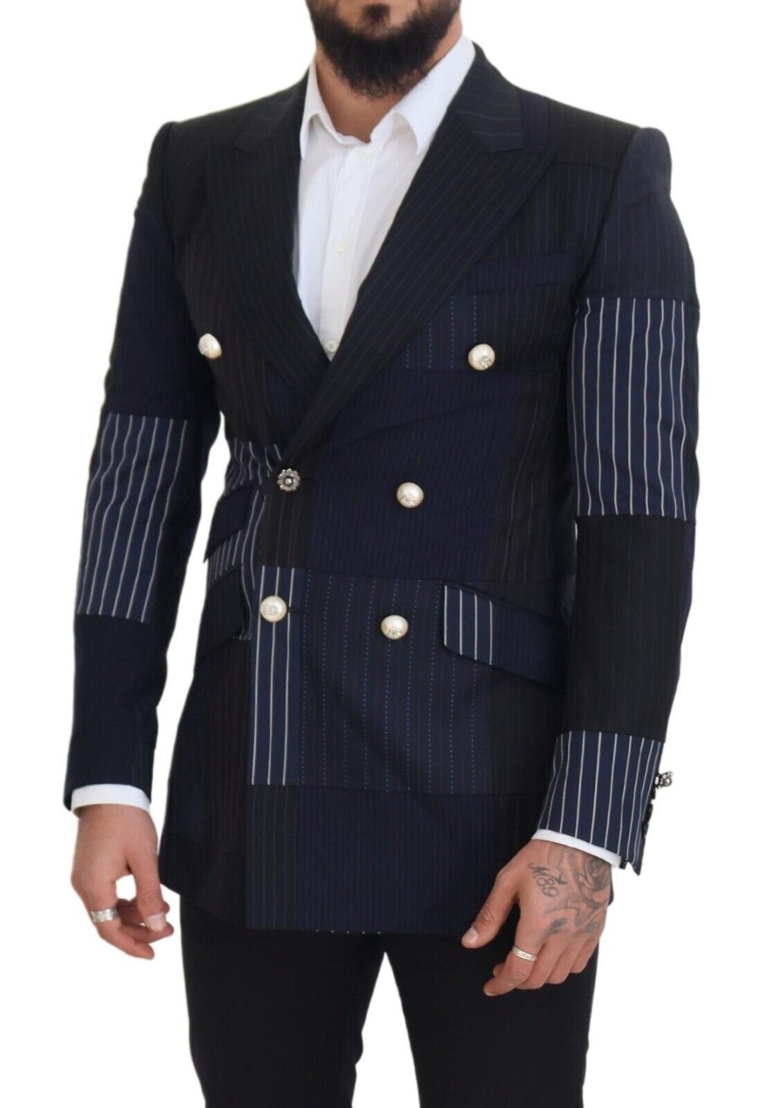 Dolce & Gabbana Blue Wool Patchwork Double Breasted Blazer