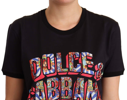 Dolce & Gabbana Black Cotton Large Print Top Crewneck T-shirt