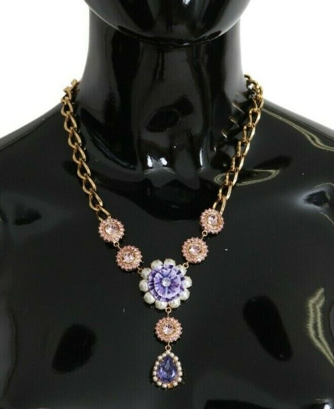 Dolce & Gabbana Elegant Gold Crystal Floral Charm Necklace