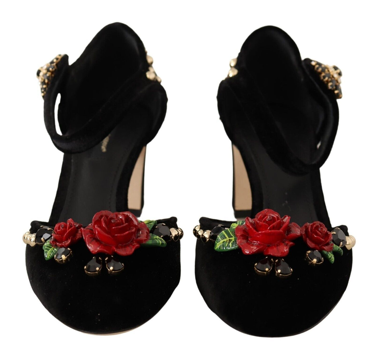 Dolce & Gabbana Elegant Velvet Studded Heels with Floral Accent