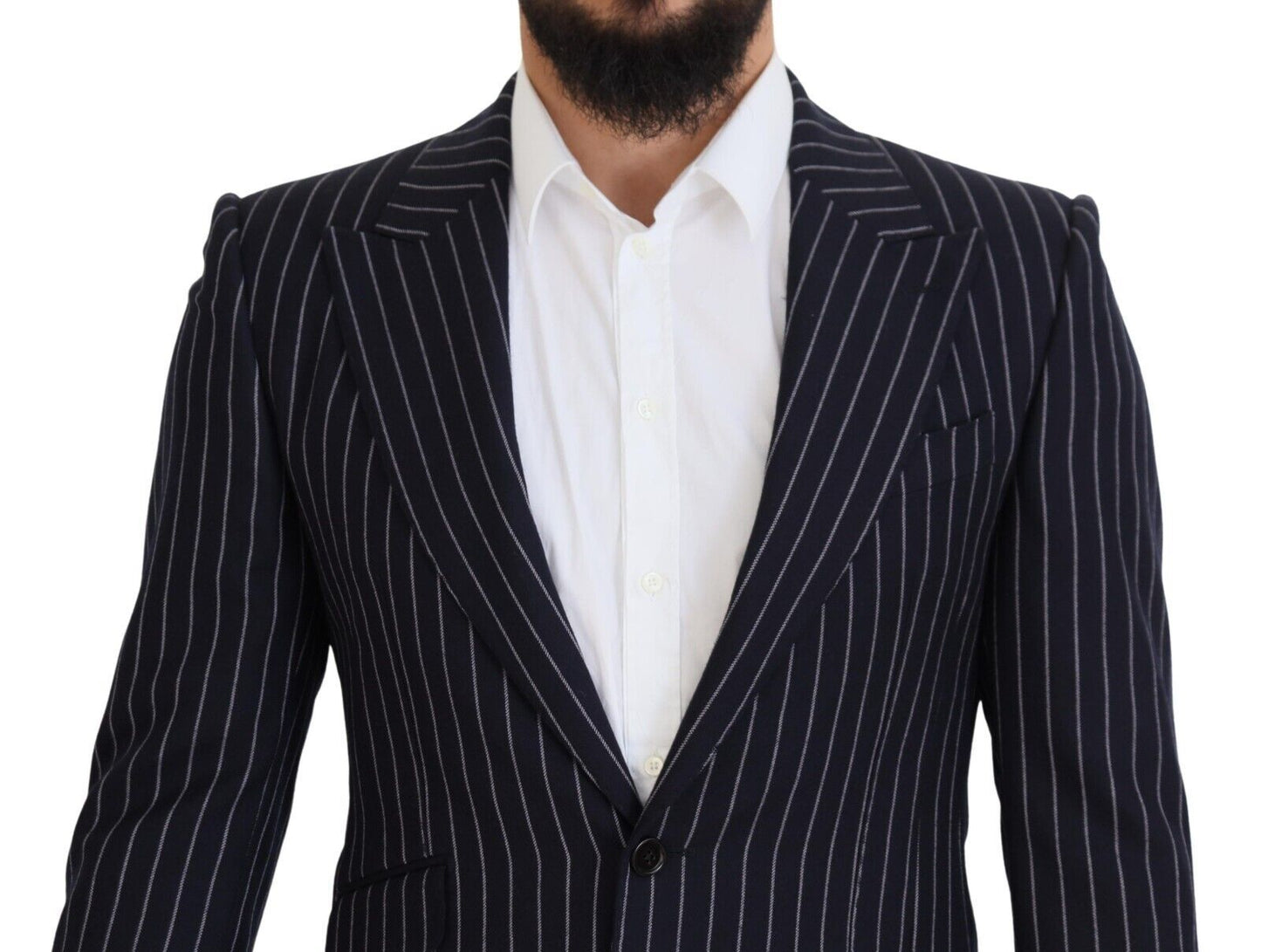 Dolce & Gabbana Dark Blue Stripe Wool Single Breasted Blazer