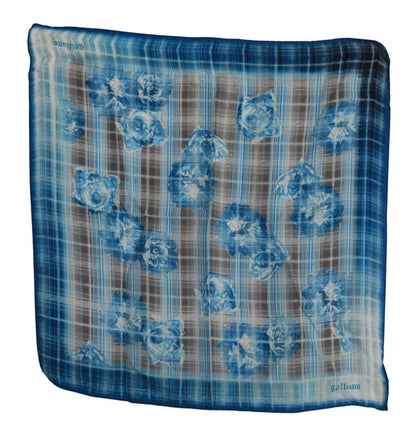 John Galliano Blue Stripe Floral Printed Bandana Cotton Square Scarf