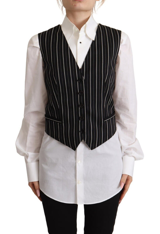 Dolce & Gabbana Black Stripes Wool V-neck Sleeveless Button Vest Top