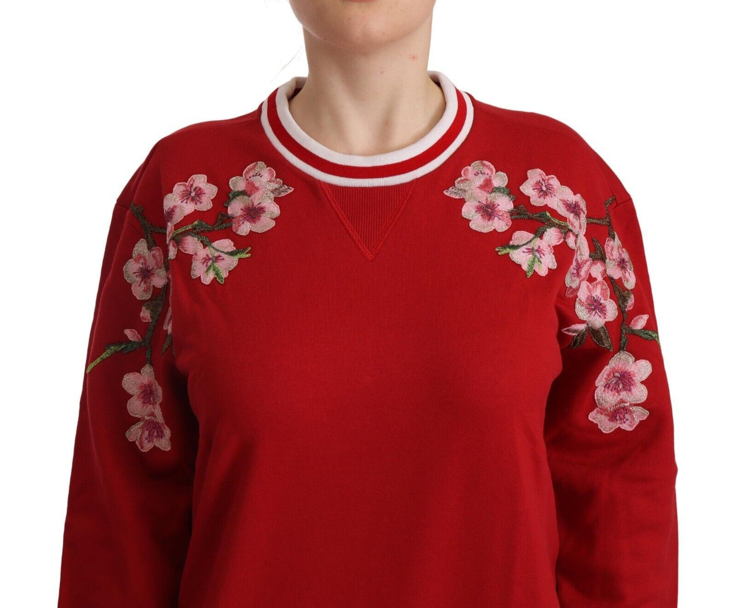 Dolce & Gabbana Elegant Red Crewneck Pullover with Floral Motif