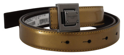 Dolce & Gabbana Gold Leather Silver Square Metal Buckle Belt