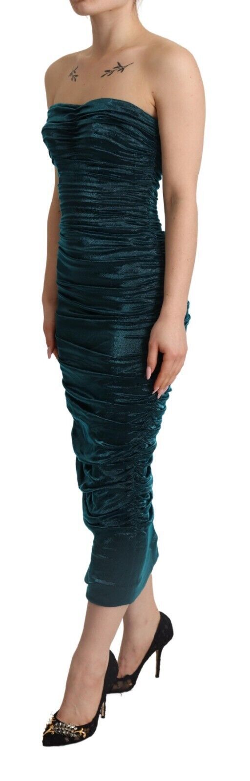 Dolce & Gabbana Turquoise Bustier Bodice Draped Midi Dress