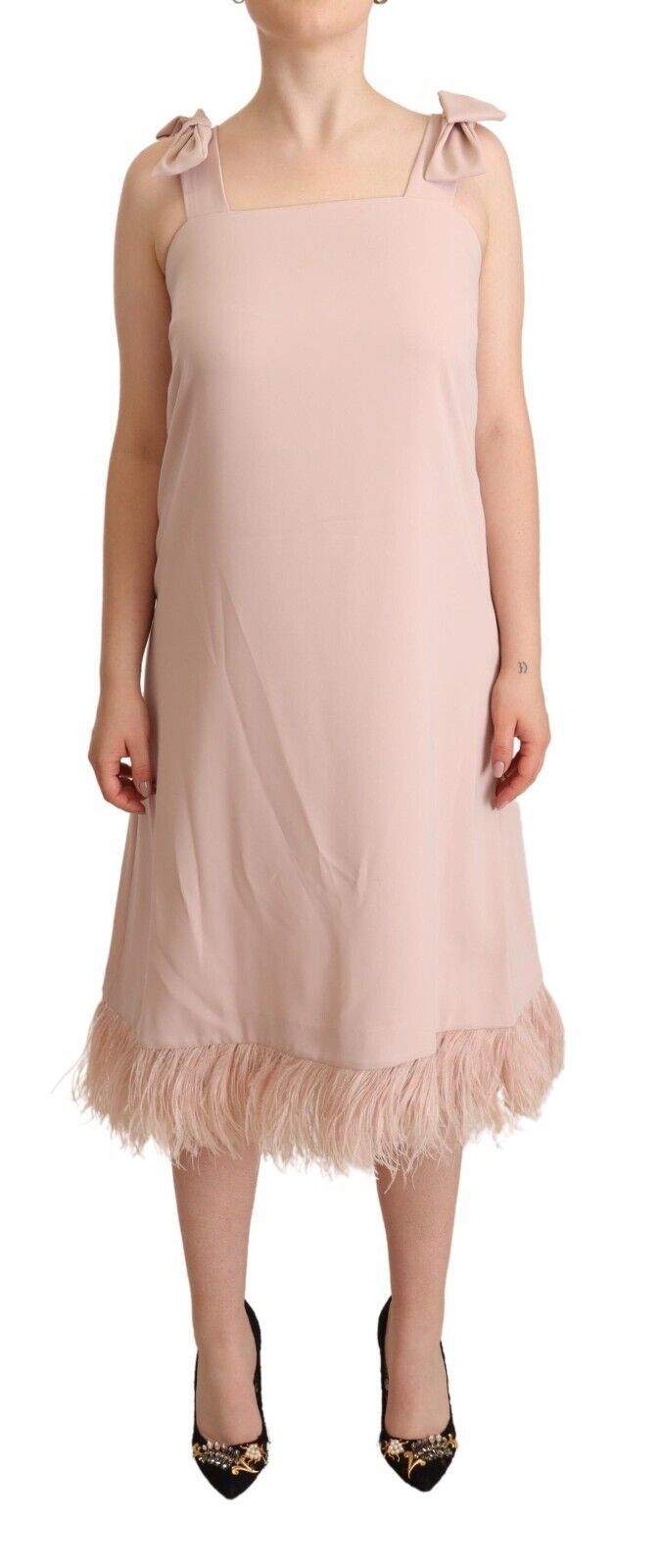 P.A.R.O.S.H. Pink Polyester Sleeveless Midi Feather Shift Dress