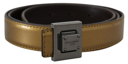 Dolce & Gabbana Gold Leather Silver Square Metal Buckle Belt