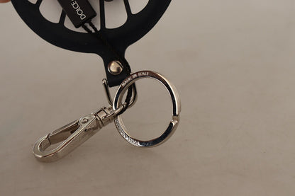 Dolce & Gabbana Chic Black Leather Keychain with Silver Accents