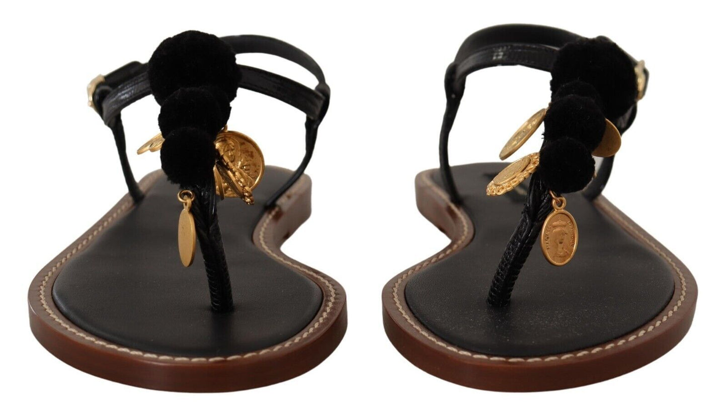 Dolce & Gabbana Chic Leather Ankle Strap Flats with Gold Detailing