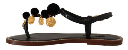 Dolce & Gabbana Chic Leather Ankle Strap Flats with Gold Detailing