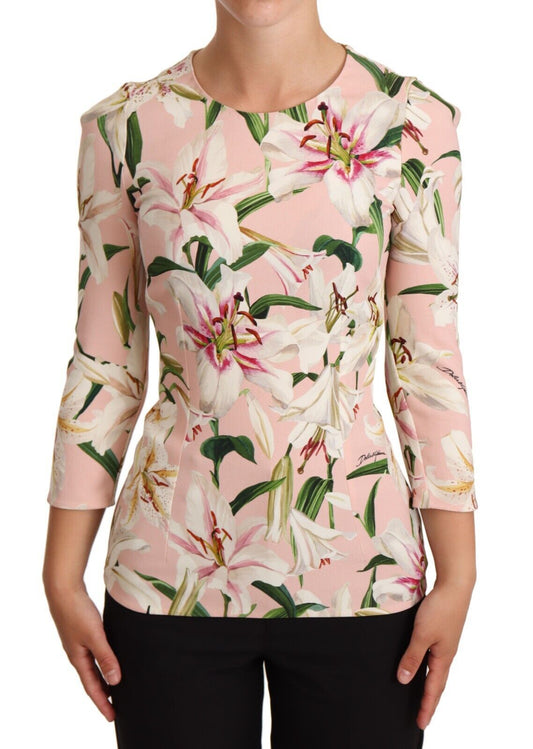 Dolce & Gabbana Pastel Pink Lily Print Fitted Blouse